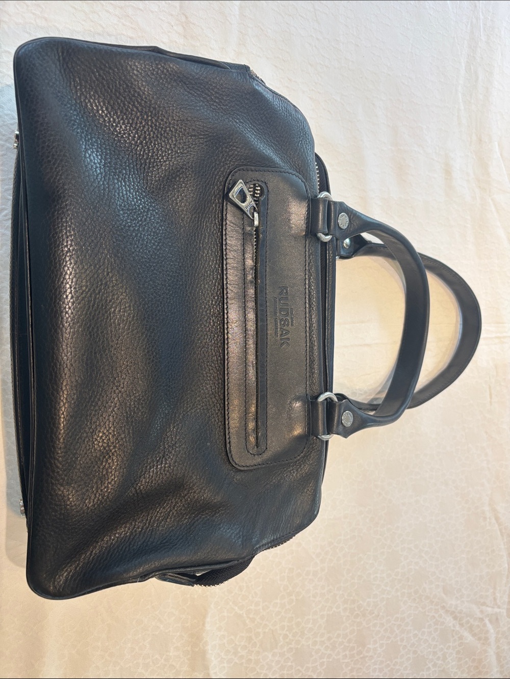 RUDSAK Black Leather Shoulder Tote with Front Zip